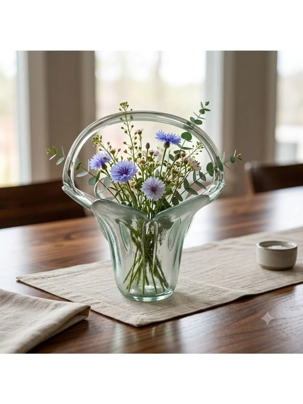 Vintage Light Green Art Glass Tulip Basket Flower Petal Vase Handle Spain 8